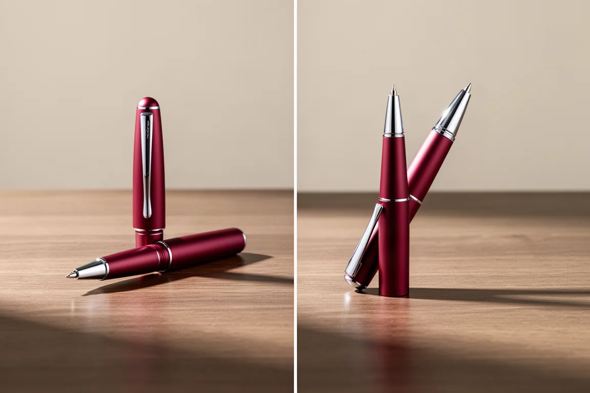 Stylo bille en position fermée et sortie, côte à côte, sur un bureau