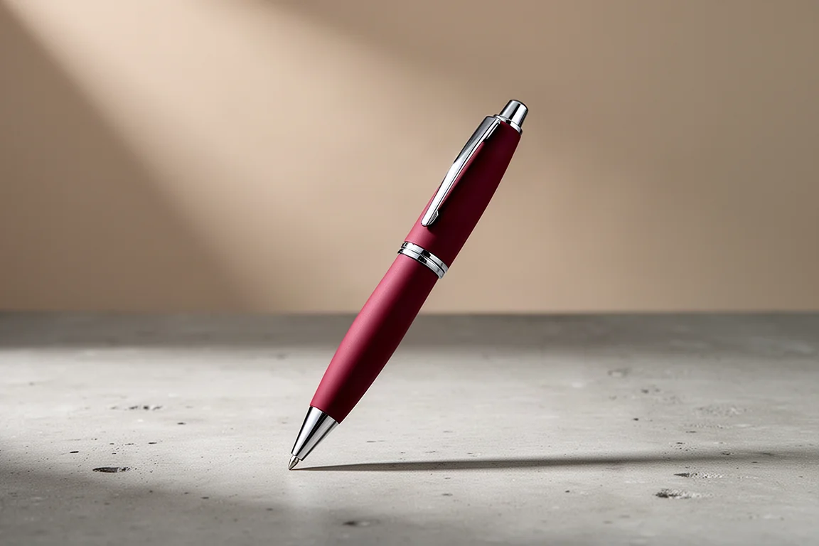 Deep red ballpoint pen with urethane grip and chrome accents on concrete surface