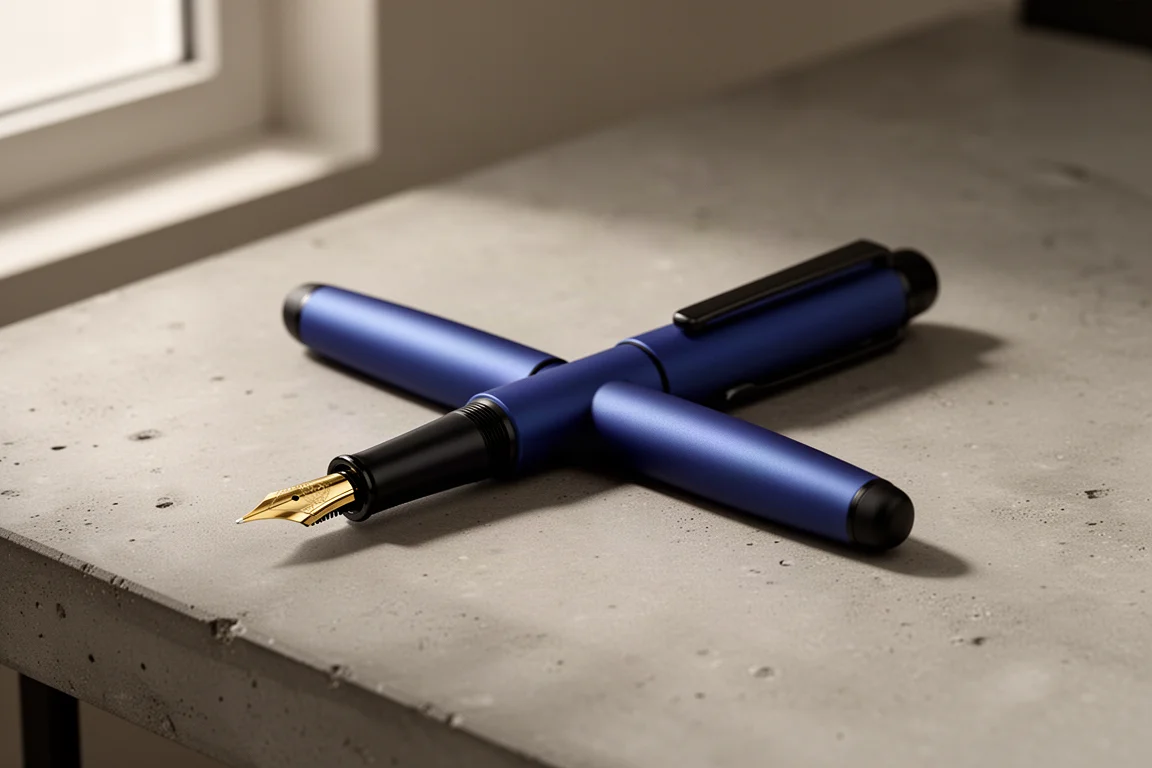 Penna stilografica retrattile blu opaca con finiture nere su una scrivania in cemento