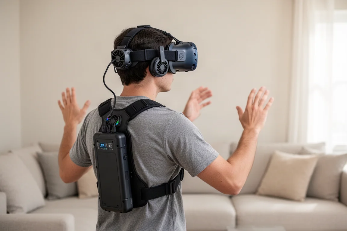 ヘッドストラップとバッテリーパックを装着したVRユーザー
