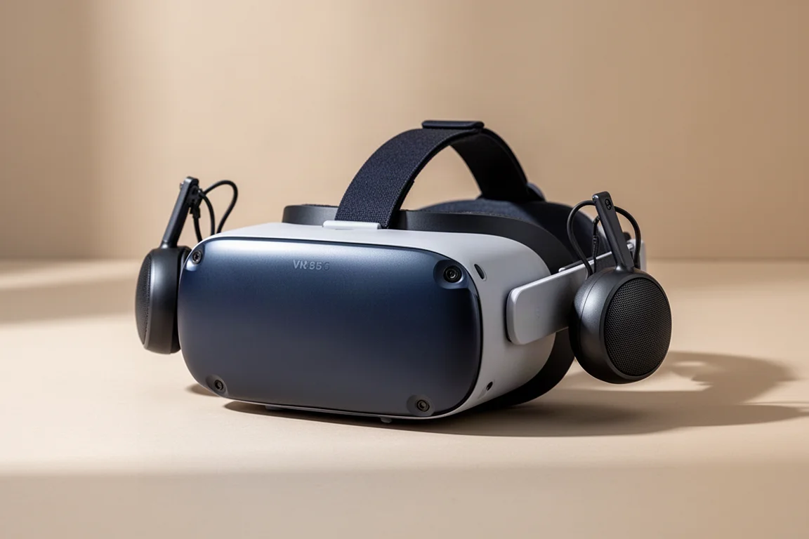 クリップ式のオフイヤースピーカーを取り付けたVRヘッドセット