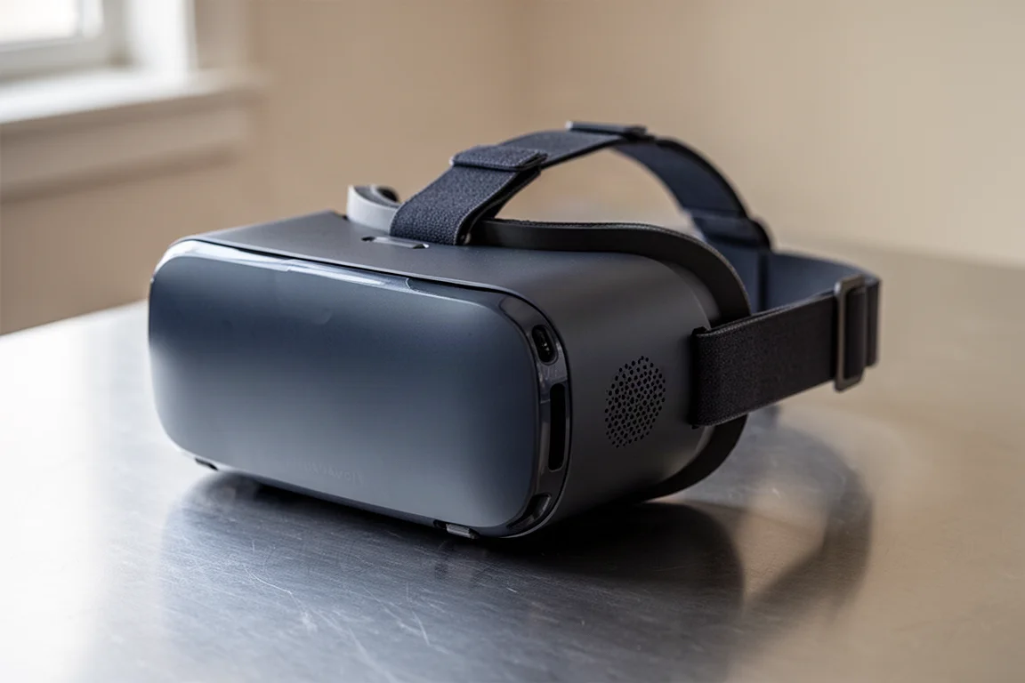 トリプルモニターとシートに置かれたVRヘッドセットを備えたシミュレーションレーシングコックピット