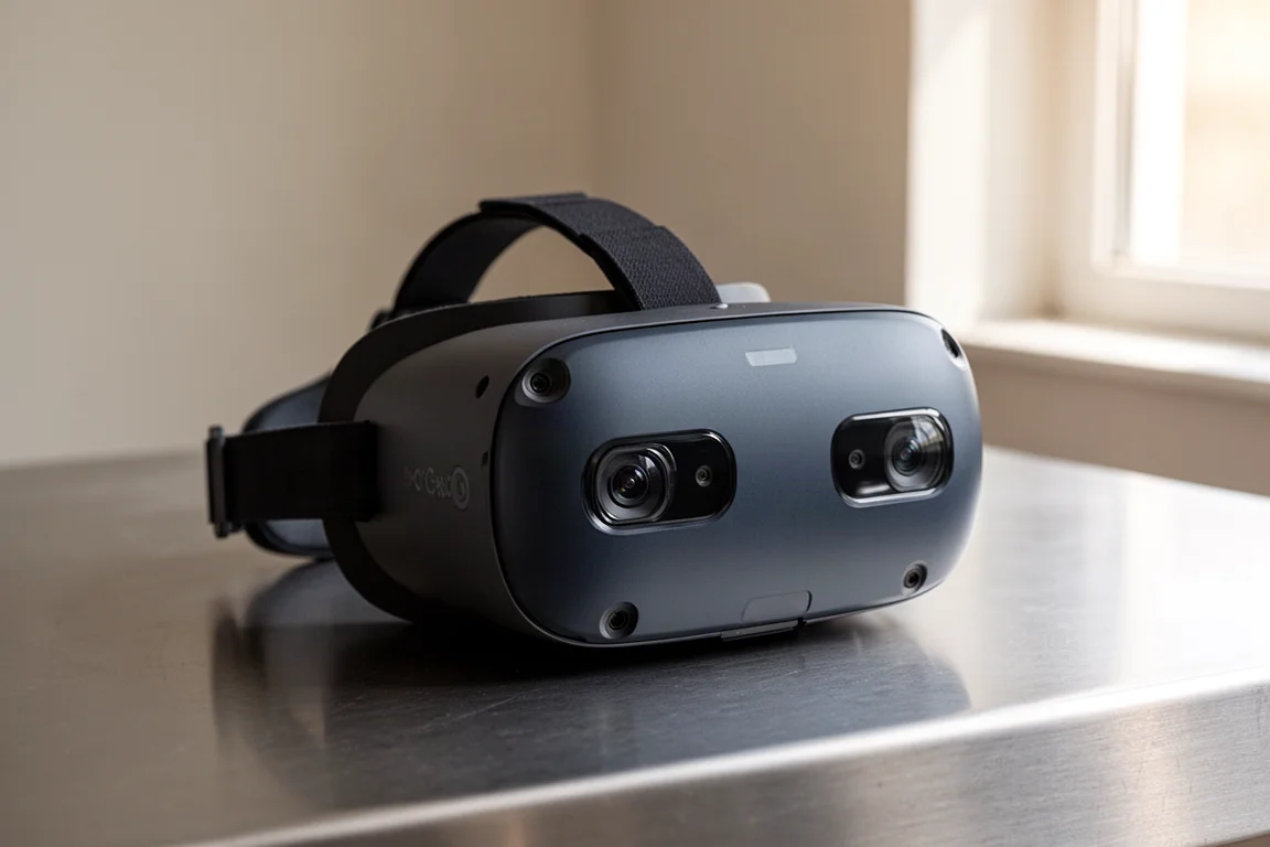マットブラックの表面に置かれたPimax Dream AirコンパクトヘッドセットとPimax Crystal Superプレミアムヘッドセット