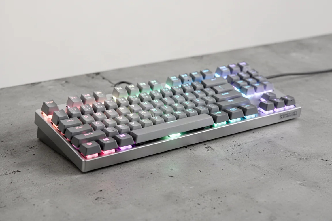 Collezione di tastiere meccaniche tra cui un modello a tema felino e una TKL in alluminio su una superficie di cemento