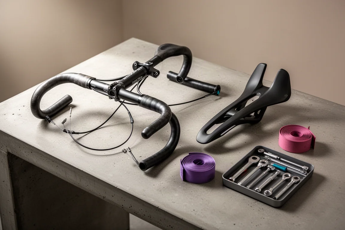 Wide older drop handlebar beside a narrow modern integrated cockpit on a workbench