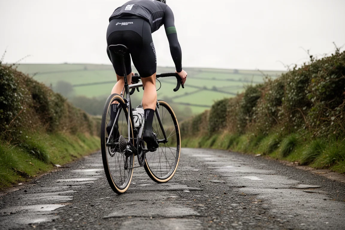 Road cyclist climbing out of the saddle on a steep country road