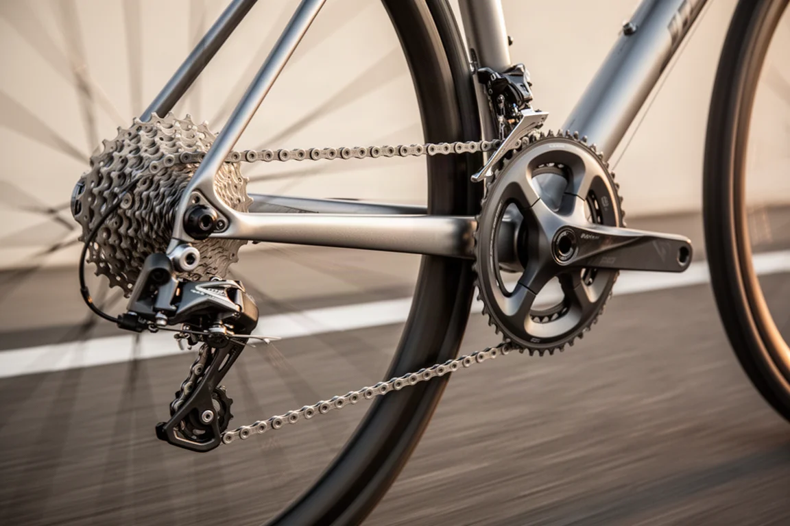 Close-up of a road bike drivetrain in motion with blurred tarmac behind