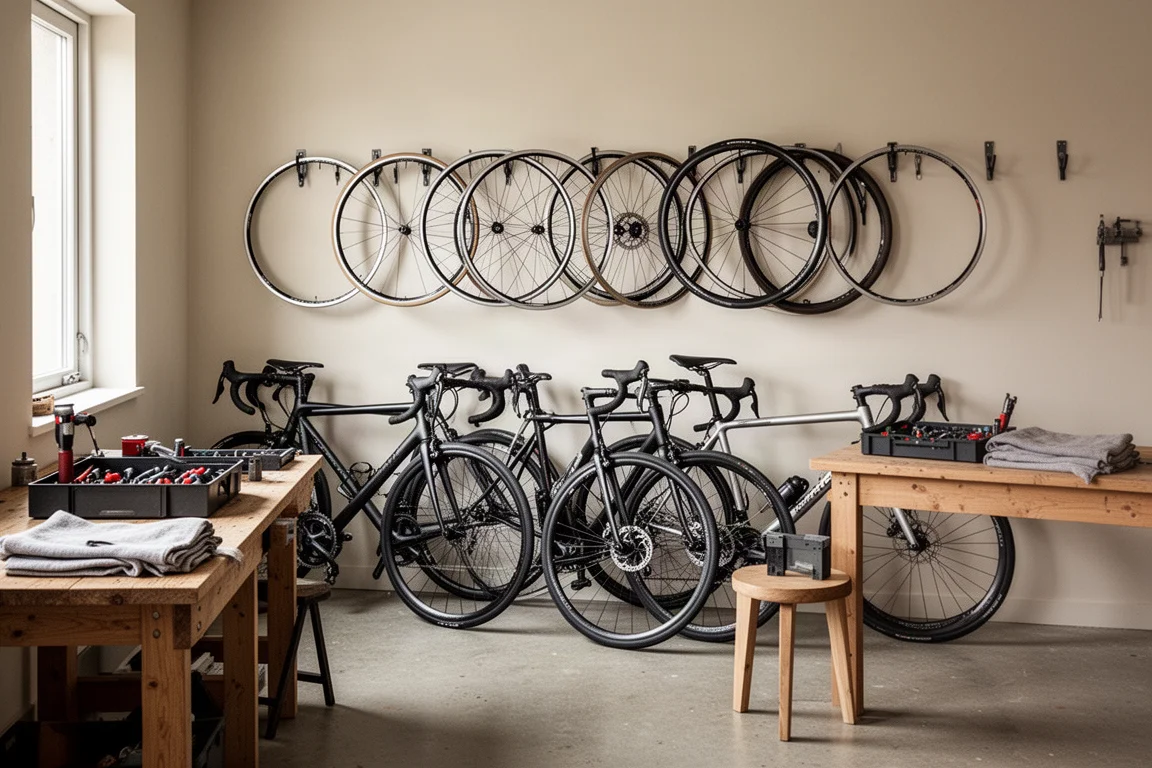 Home workshop with road bikes leaning against a wall and wheels on hooks