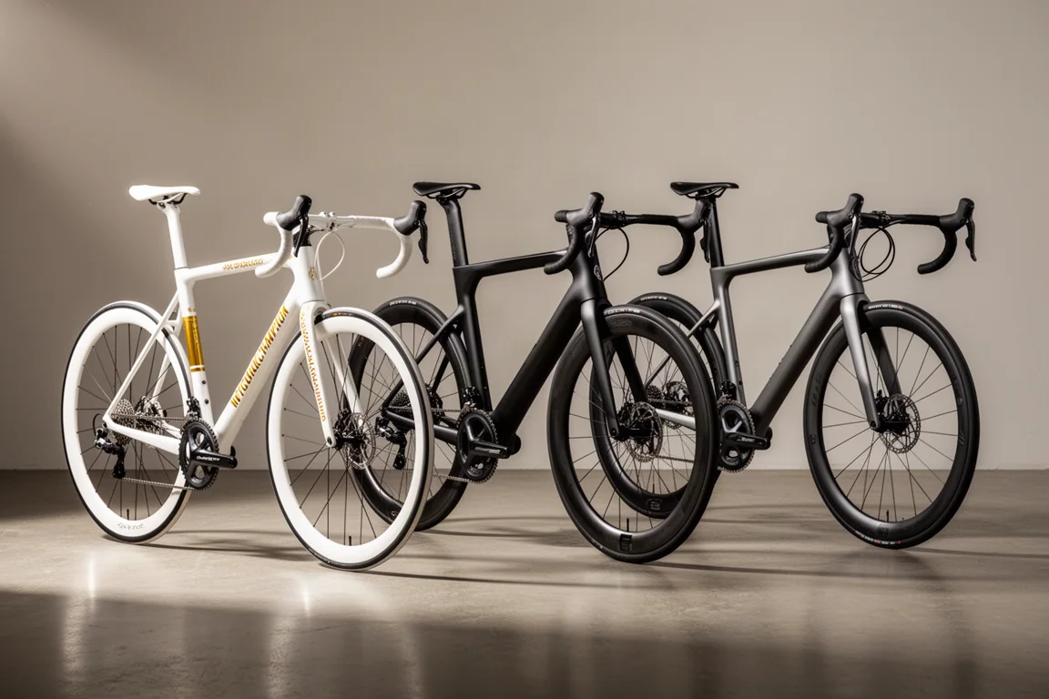 Drie Pinarello-racefietsen uit verschillende tijdperken op een rij op een betonnen studiovloer