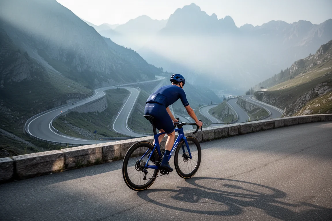 Road cyclist climbing a steep mountain pass on a blue aero road bike