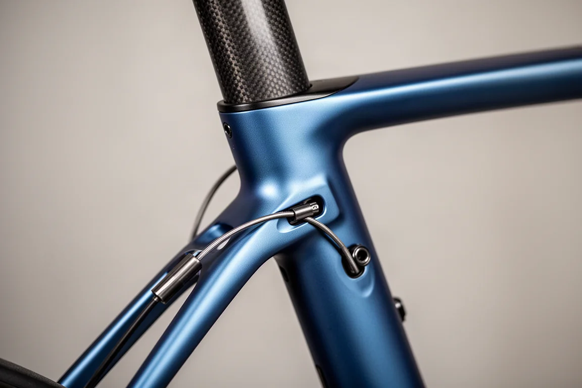 Close-up of carbon fibre frame tubes and rear derailleur cable routing