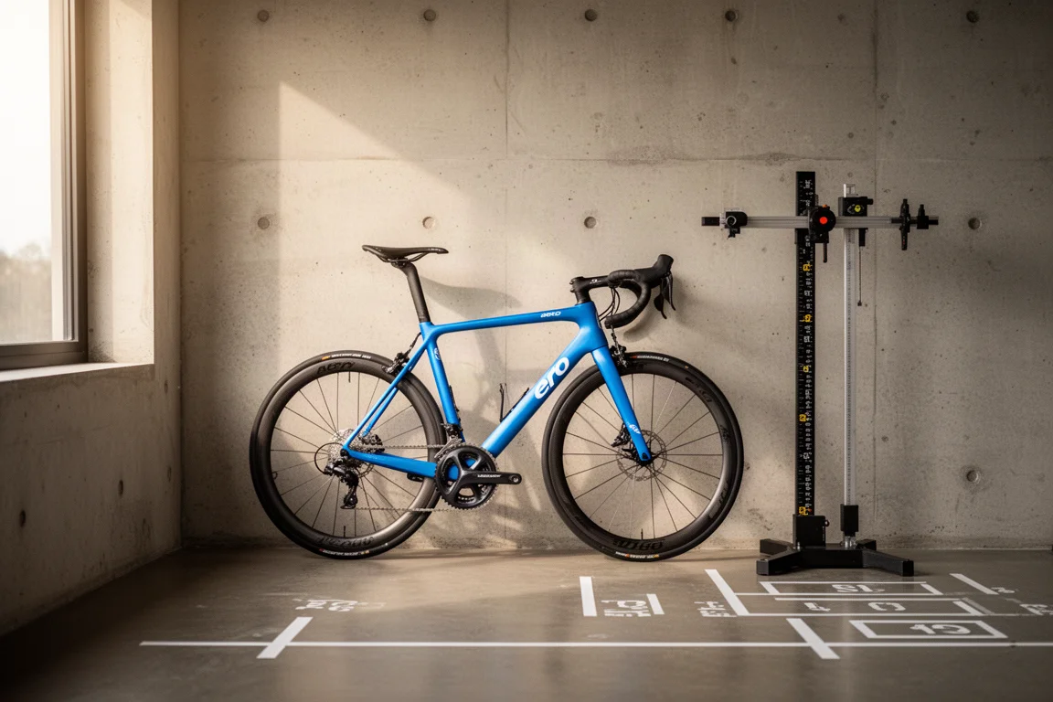 Road bike leaning against a workshop wall during a fitting session