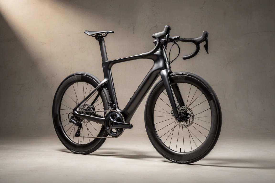 Aero road racing bike with wavy blue-purple frame and deep-section carbon wheels on grey backdrop