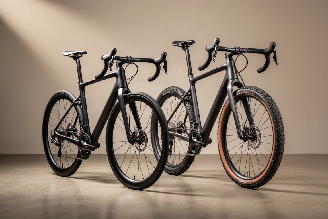 Een racefiets en een gravelbike naast elkaar op een betonnen vloer in een studio