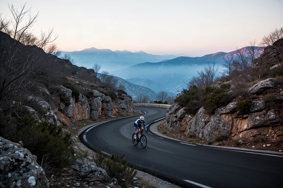 Groupe de cyclistes sur route gravissant un col alpin sinueux dans la lumière basse de l'été
