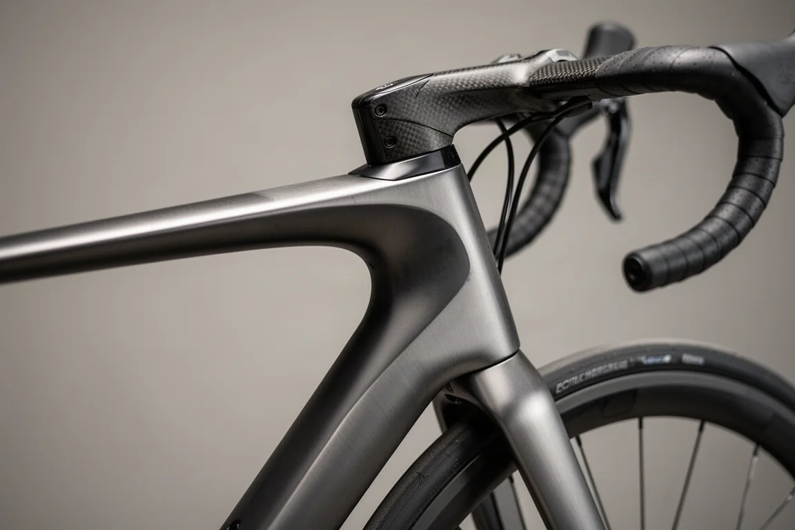 Gros plan sur un dérailleur arrière et une cassette de vélo de route, avec la chaîne engagée dans les pignons