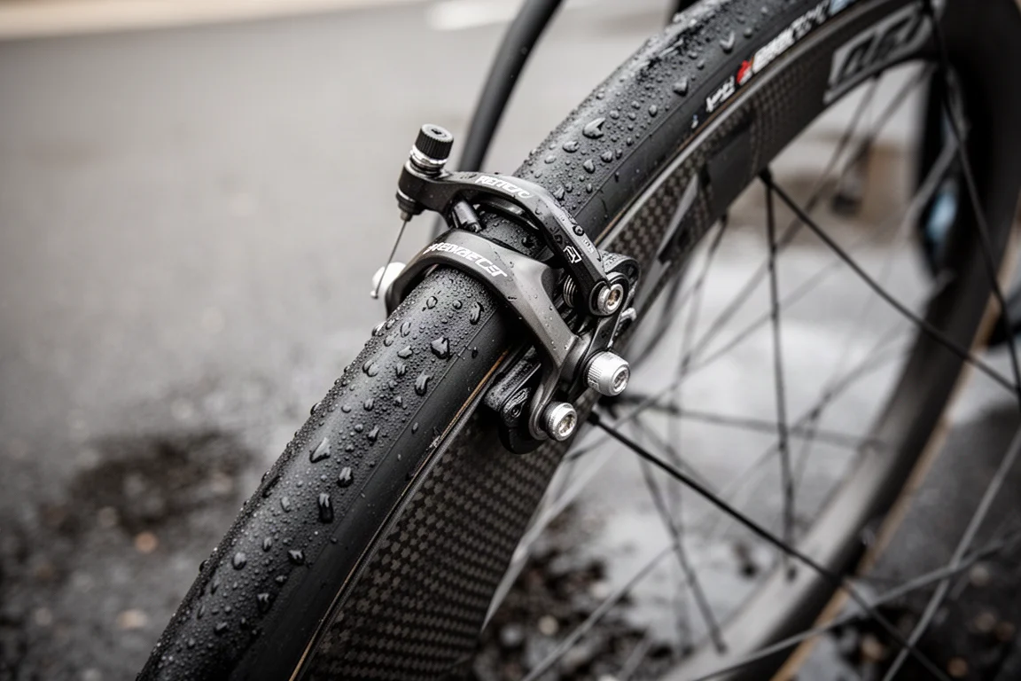 Disque et étrier de frein à disque sur une roue de vélo de route projetant de l'eau sur l'asphalte mouillé
