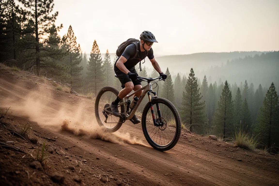 Cross-Country-Mountainbiker, der im Morgengrauen eine staubige Forststraße hochfährt