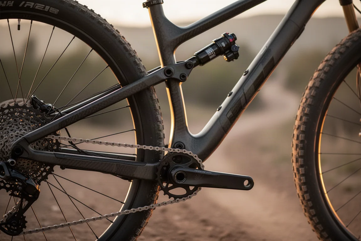 Nahaufnahme des Carbon-Hinterbaus eines Hardtails mit kurzen Kettenstreben