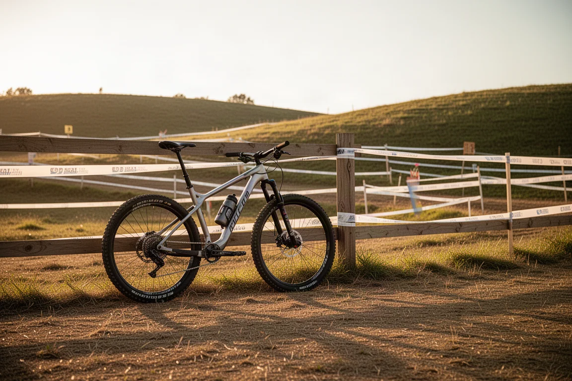 Cross-Country-Mountainbike neben einem Streckenzaun zur goldenen Stunde