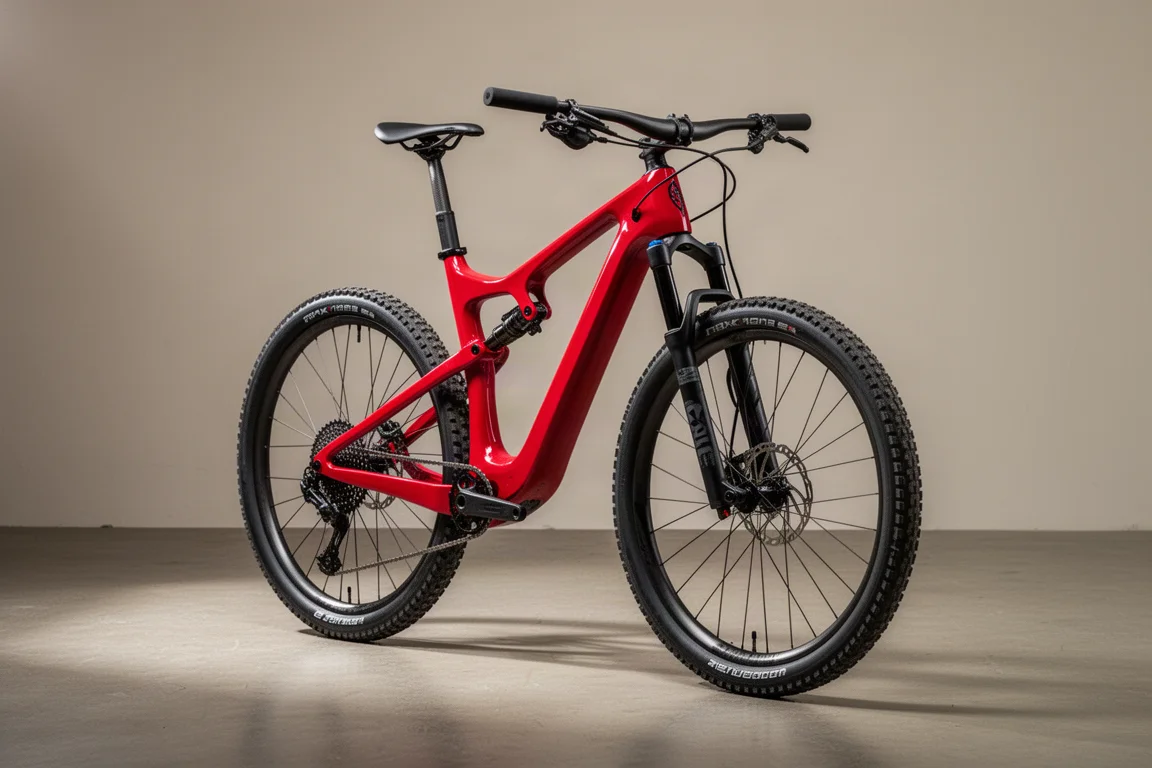 콘크리트 바닥 위에 놓인 레드 색상의 Pinarello Dogma XC 하드테일 크로스컨트리 산악자전거