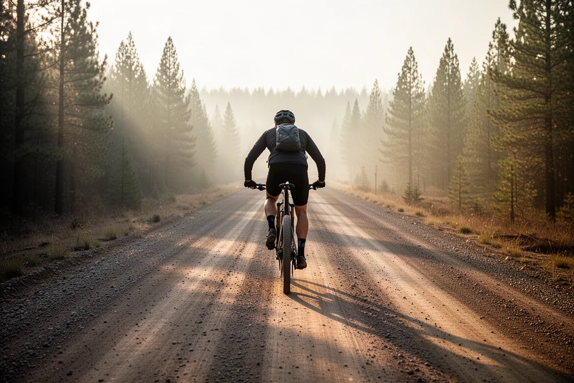Biker cross-country che sale su una strada sterrata all'alba