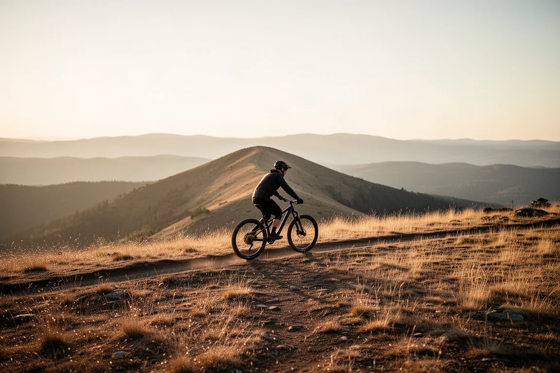 Biker su hardtail che percorre un crinale nell'ora d'oro