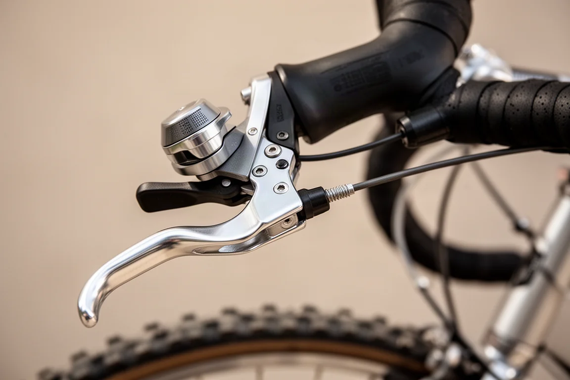 Närbild på ett mekaniskt växelreglage och detalj på styret på en racercykel