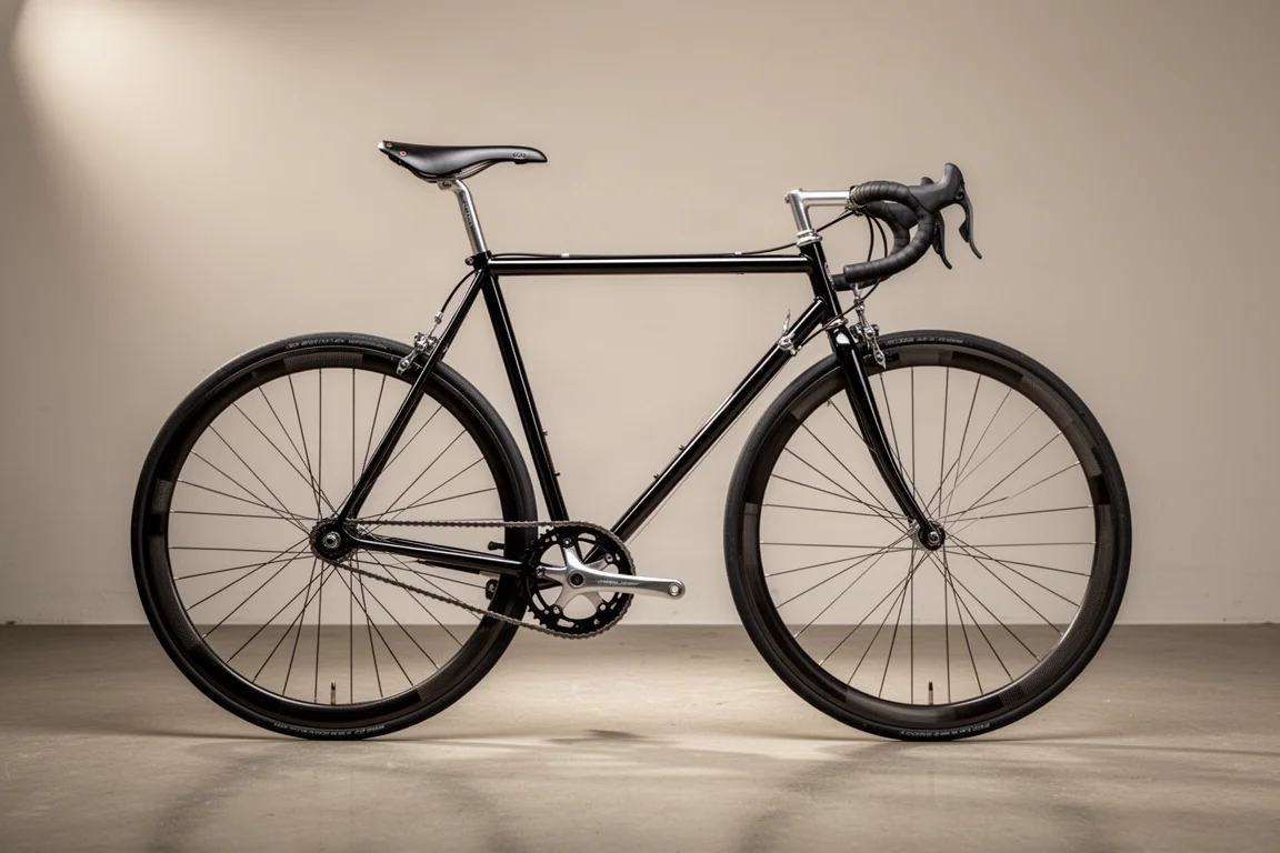 Stalen Pinarello wegracer uit het midden van de jaren 90 in zijaanzicht op een betonnen vloer