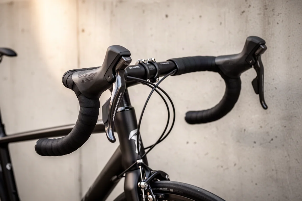 Nahaufnahme von Rennrad-Drop-Bars mit mattem Lenkerband und Hoods an den Brems-Schaltgriffen