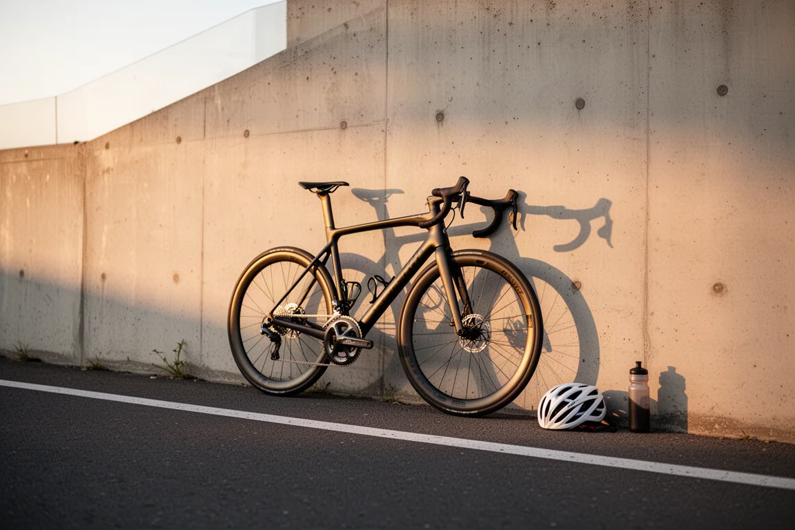 Rennrad lehnt in der goldenen Stunde an einer Betonwand