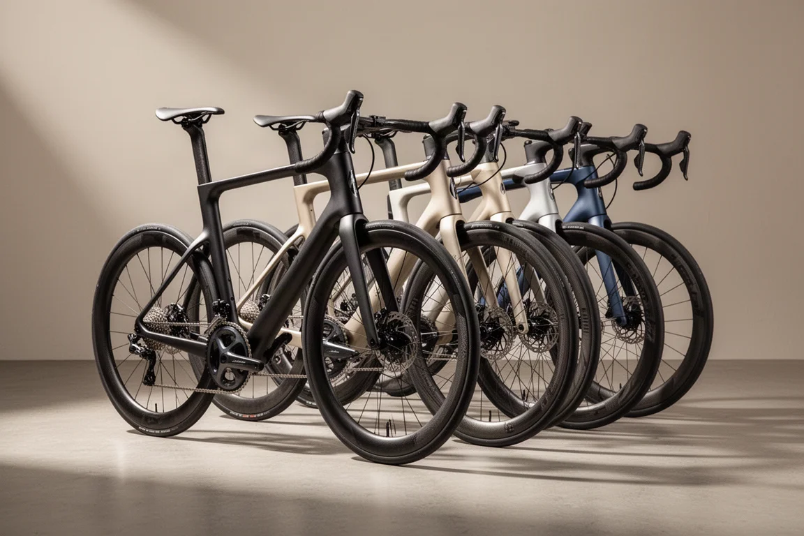 Row of carbon road bikes lined up on a matte concrete surface in soft studio light