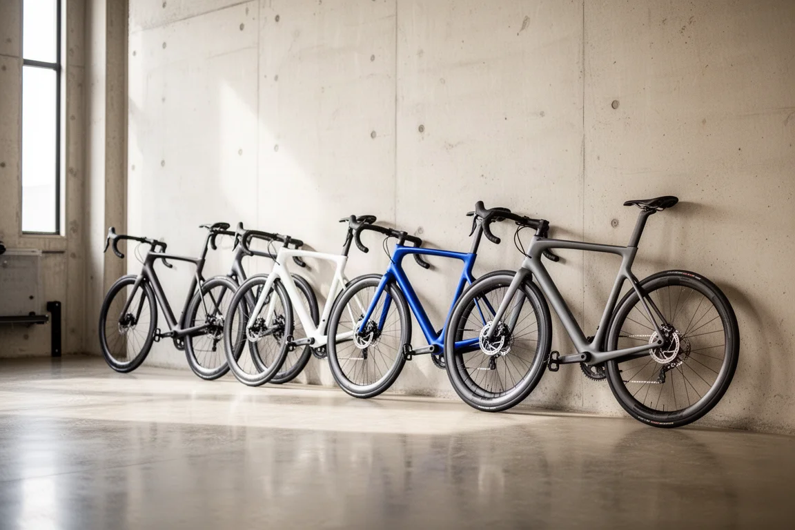 A row of four road bikes leaning against a pale concrete wall in a bright workshop