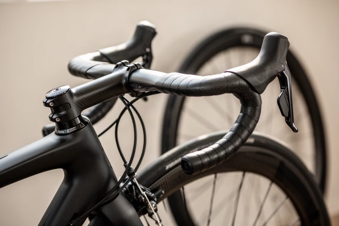 Close-up of a one-piece carbon road handlebar and stem with brake hoses