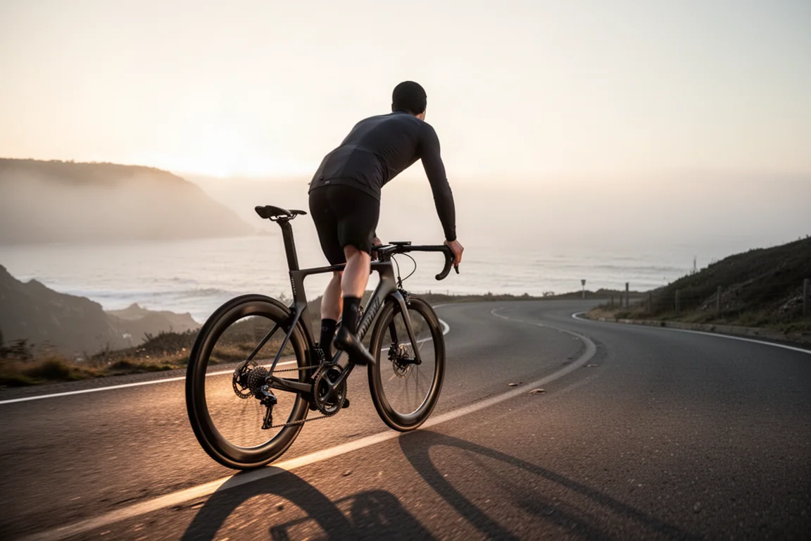Road cyclist riding a carbon race bike on a winding coastal road at dawn