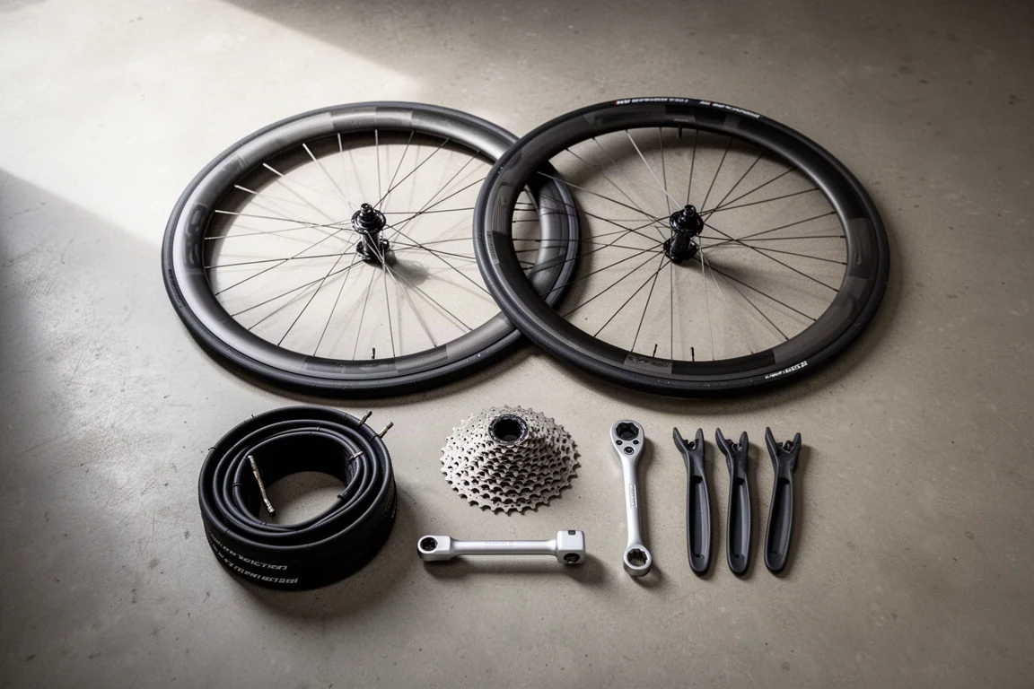Overhead flat-lay of carbon road wheels, tyres, cassette and tools on concrete