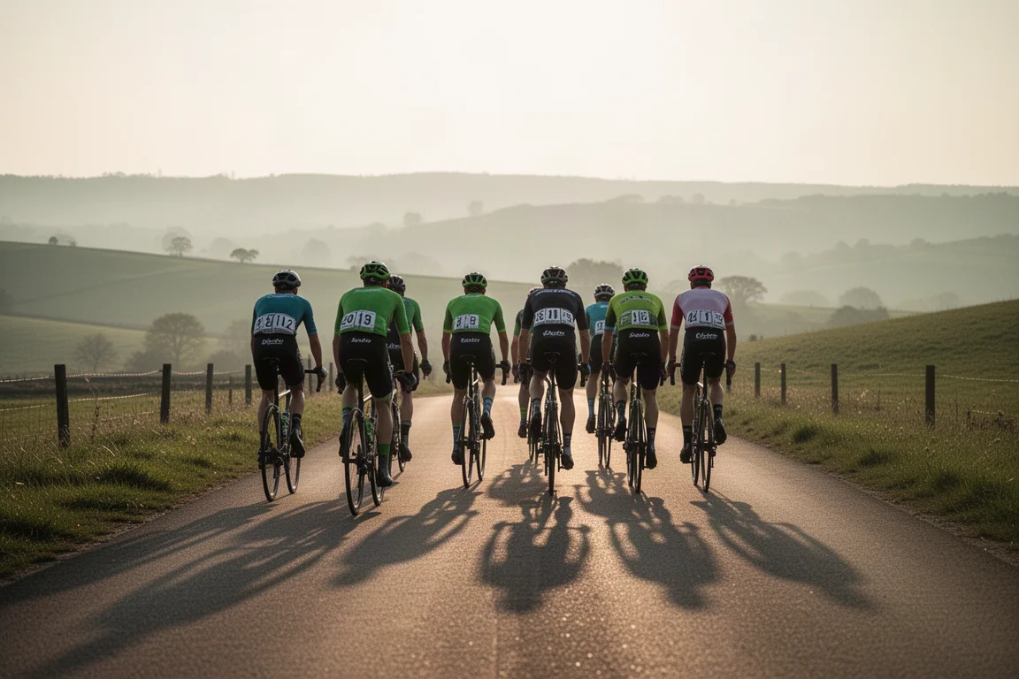 Group of road cyclists riding along a rolling country road at golden hour