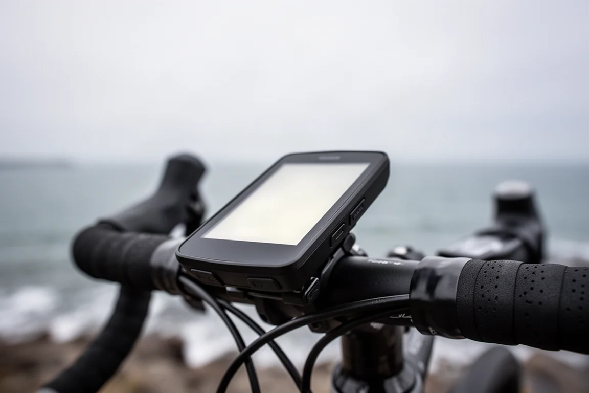 Large cycling computer mounted on drop handlebars above a coastal road