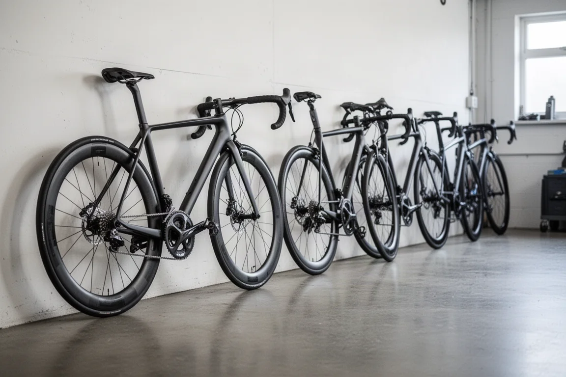 Row of road bikes lined up against a workshop wall on a concrete floor