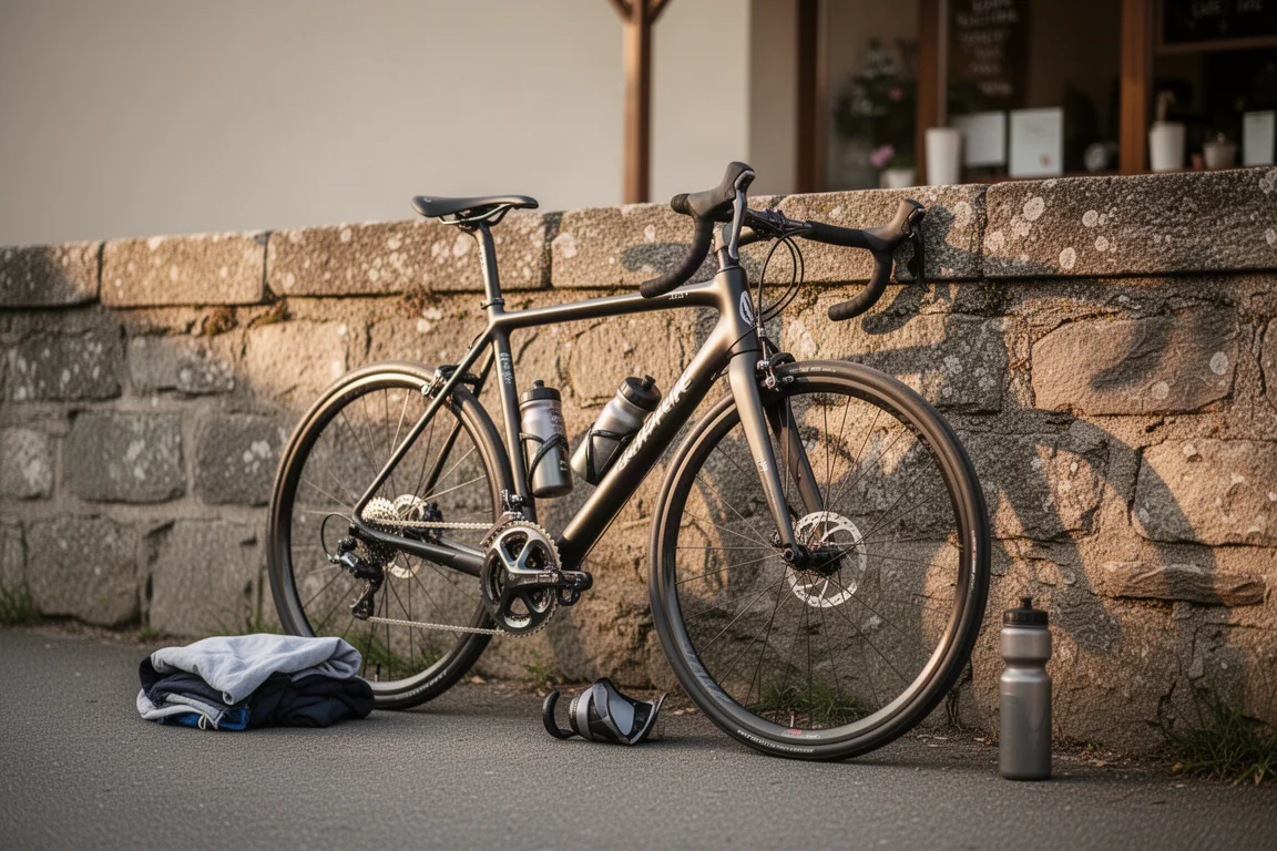 Road bike leaning against a stone wall at a cafe stop in afternoon light