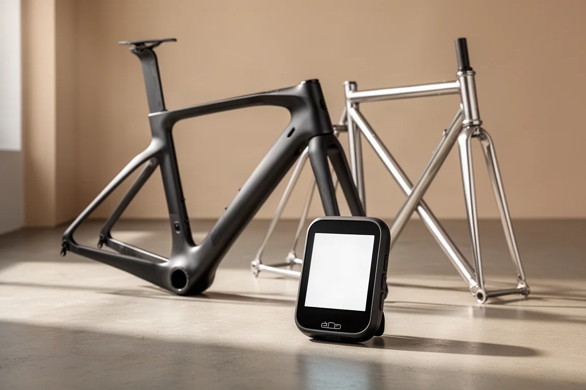 Carbon raceframe, stalen raceframe en grote fietscomputer op een betonvloer