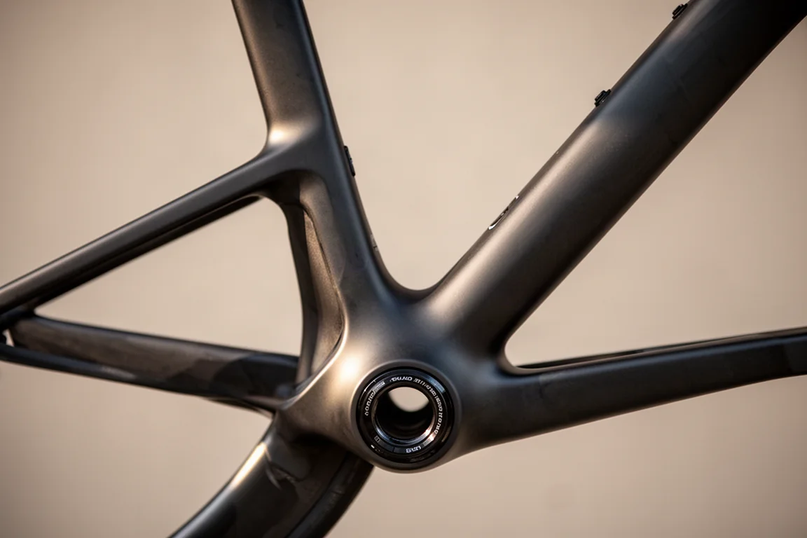 Primo piano del telaio in carbonio di una bici da corsa attorno al triangolo posteriore asimmetrico