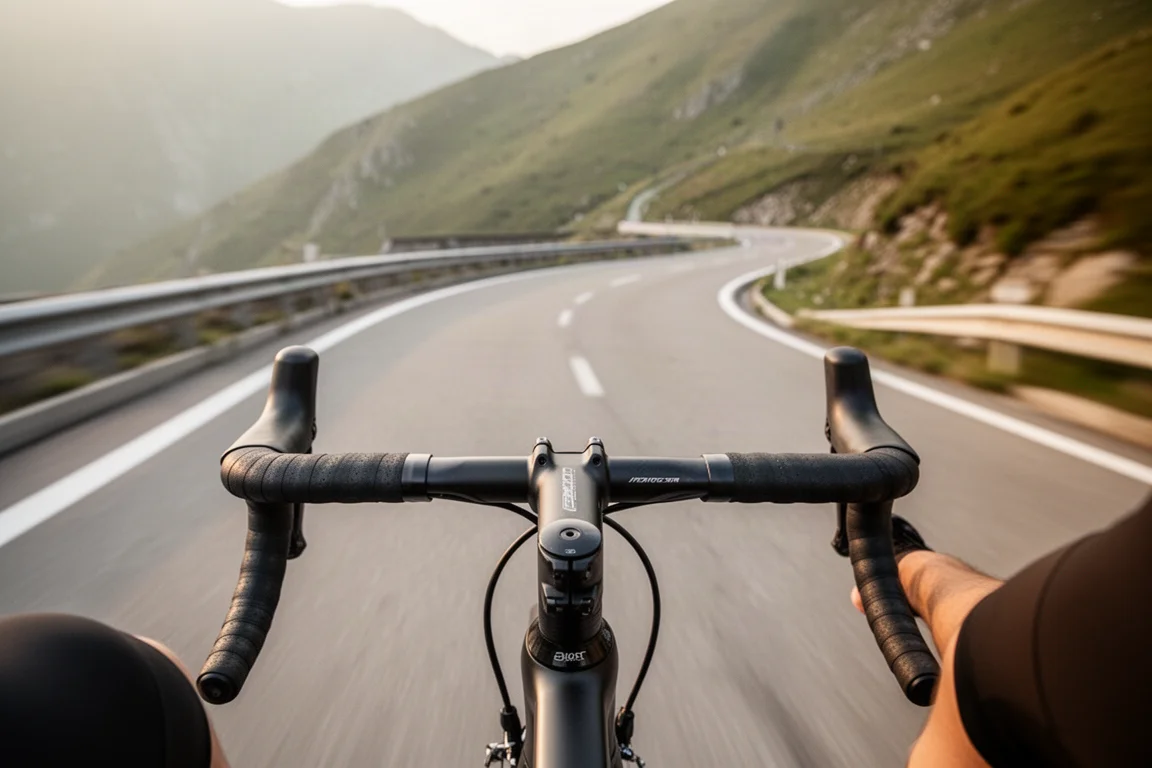 Vista sul cockpit di una bici da corsa in discesa lungo un'ampia curva di montagna
