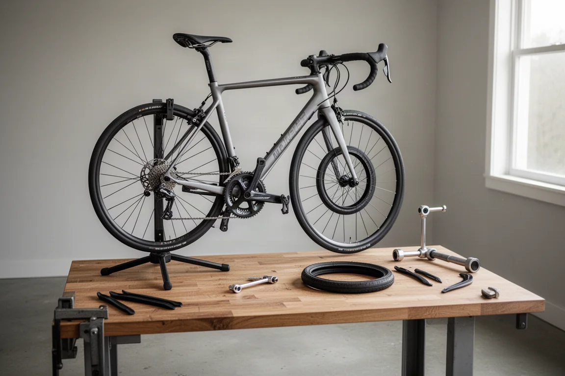 Banco da officina domestica con una bici da corsa sul cavalletto e gli attrezzi disposti