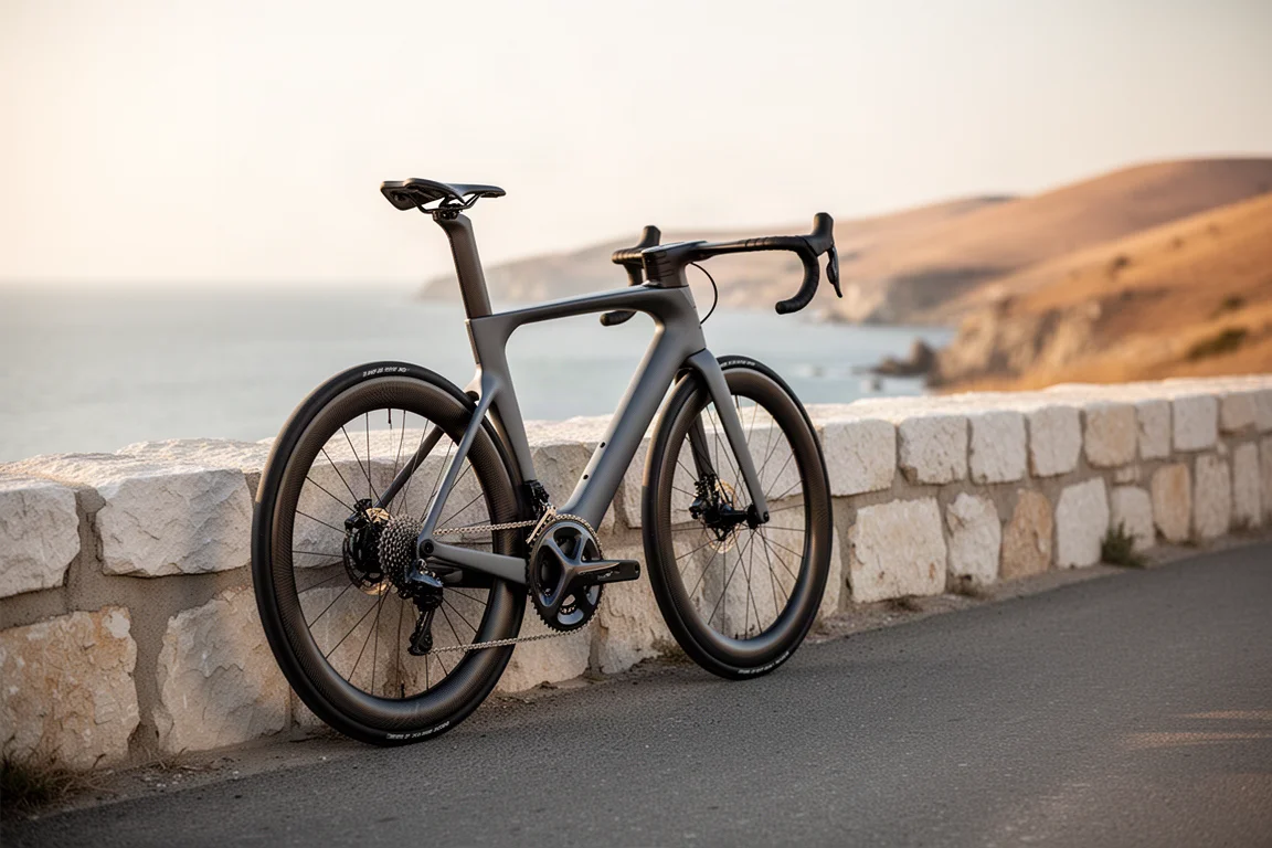 Carbon racefiets met hoge velgen leunend tegen een stenen muur aan een kustweg