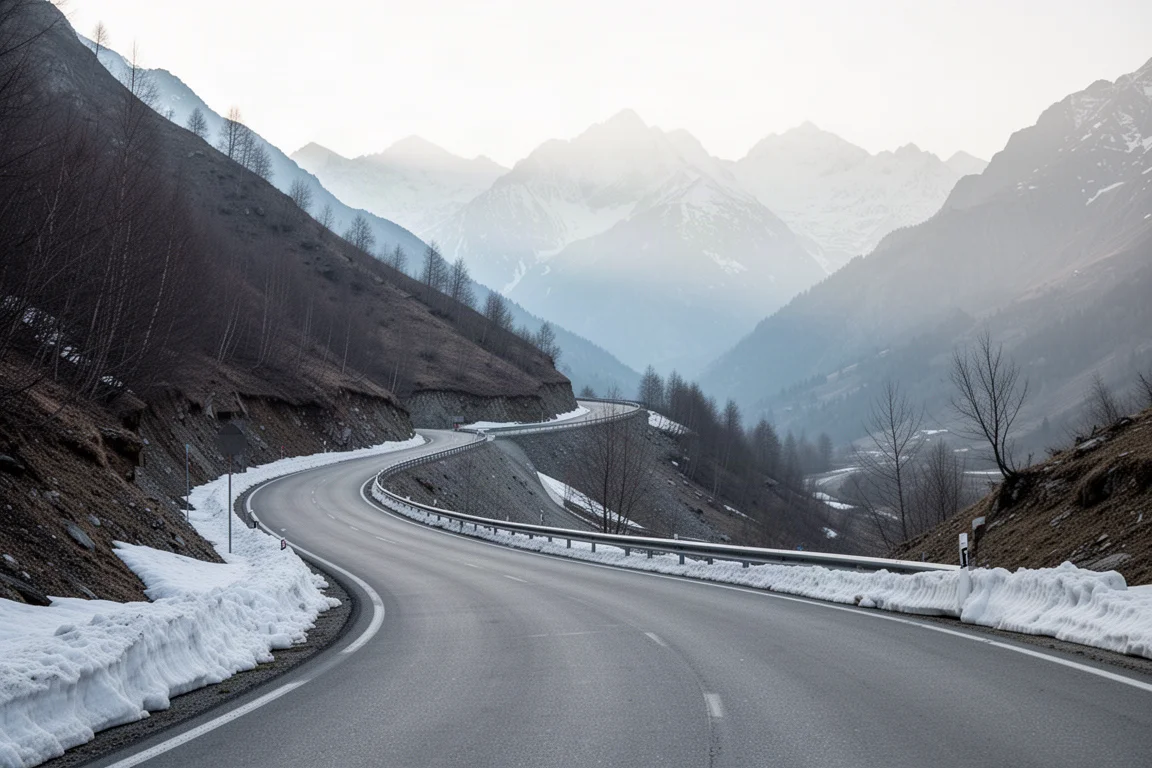 Strada alpina a tornanti deserta all'alba, con banchi di neve e cime in lontananza