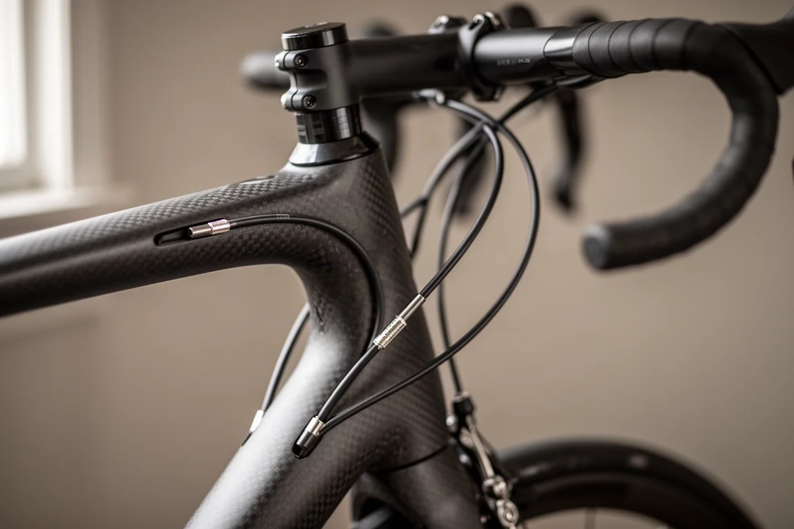 Cavi con passaggio esterno che corrono lungo il tubo obliquo di un telaio da corsa in carbonio