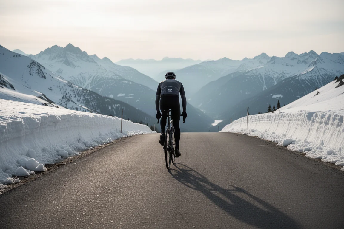 Ciclista su una strada di alta montagna in vetta, con banchi di neve e una valle sullo sfondo