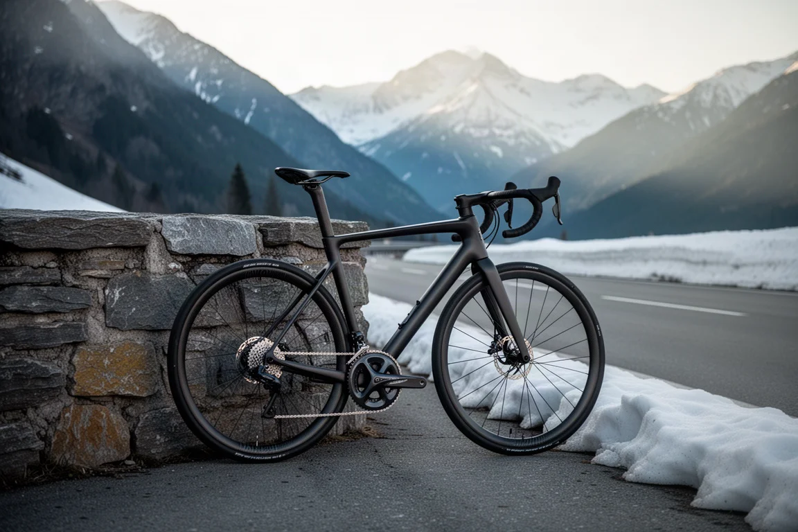 Carbon racefiets leunend tegen een stenen muur onderaan een bergpas in de Alpen bij zonsopgang