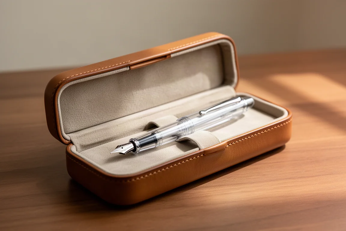 Penna stilografica demo trasparente custodita in un morbido astuccio in pelle